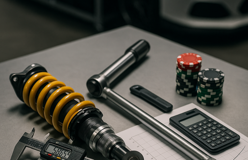 Bankroll tuning concept in pit garage with coilovers, chips, calculator, risk balance.